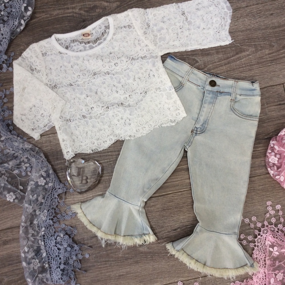 Trendy Girls Lace & Denim Outfit